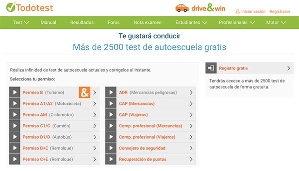 test de los permisos de conducir en la página web de todotest